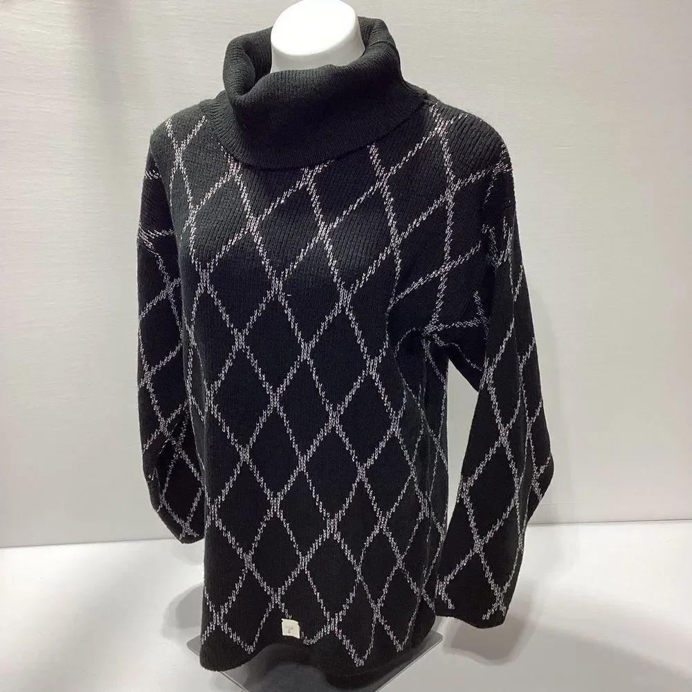 Vintage Doris Skis Sweater Size S Black Silver Argyle Turtleneck Holiday Winter